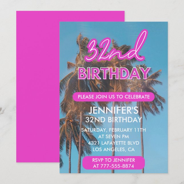 invitación de cumpleaños número 32 Summer Pink Pal (Anverso / Reverso)