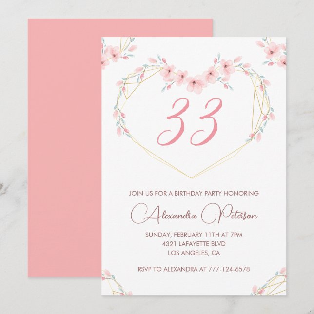 invitación de cumpleaños número 33 Boho Floral Ele (Anverso / Reverso)