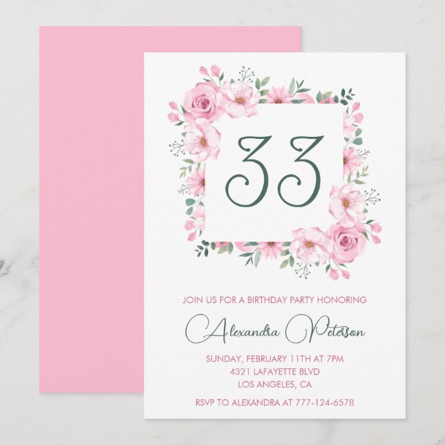 invitación de cumpleaños número 33 Boho Floral Ros (Anverso / Reverso)