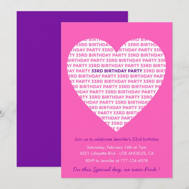 invitación de cumpleaños número 33 Corazón grande  (Anverso / Reverso)