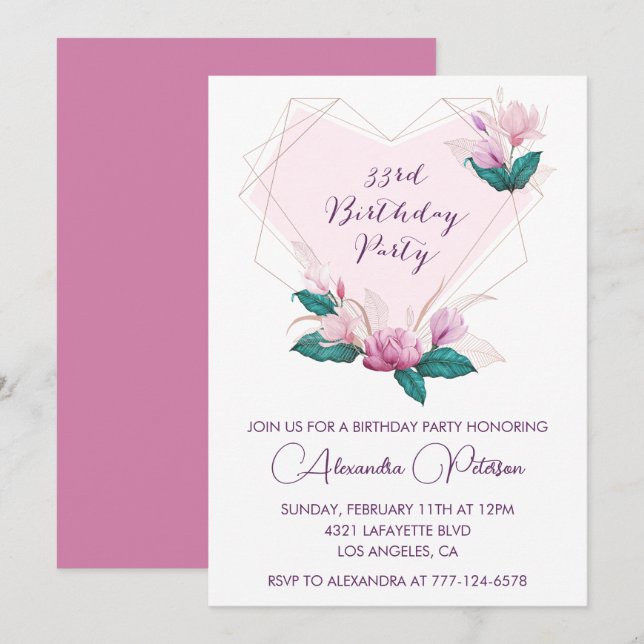 invitación de cumpleaños número 33 Elegante Boho r (Anverso / Reverso)