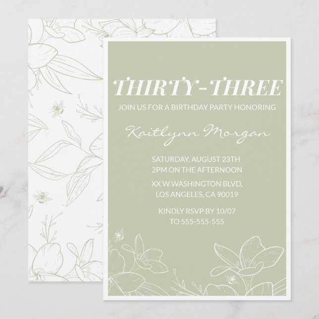 invitación de cumpleaños número 33 Floral Moderna  (Anverso / Reverso)