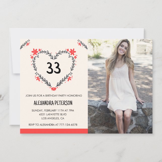 invitación de cumpleaños número 33 Foto Corazón Fl (Anverso)