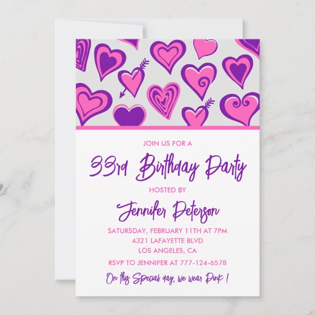 invitación de cumpleaños número 33 Glam Pink Heart (Anverso)