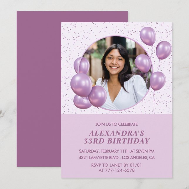 invitación de cumpleaños número 33 Globos Foto Pur (Anverso / Reverso)
