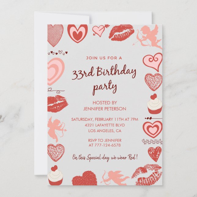 invitación de cumpleaños número 33 Gris Rojo Ángel (Anverso)