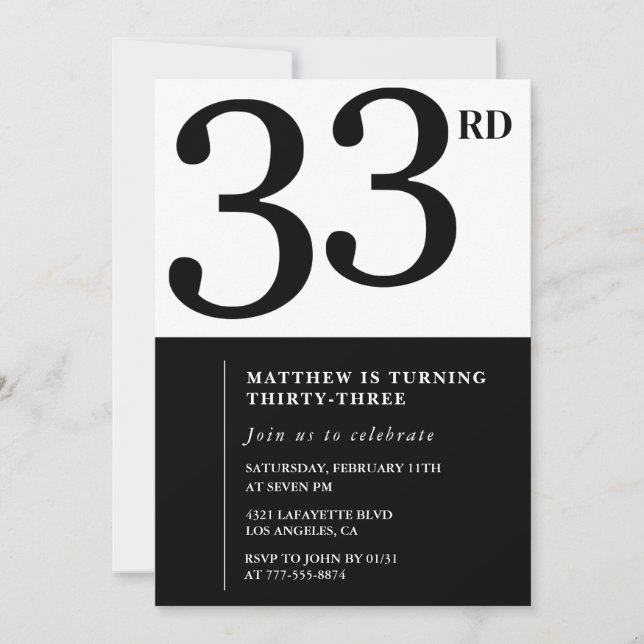 invitación de cumpleaños número 33 Hombre Blanco N (Anverso)