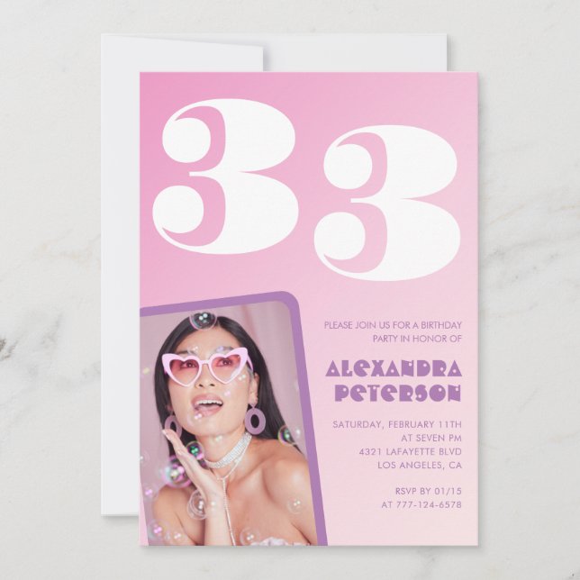invitación de cumpleaños número 33 Retro Foto Rosa (Anverso)