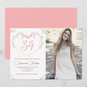 Invitación de cumpleaños número 34 con foto floral