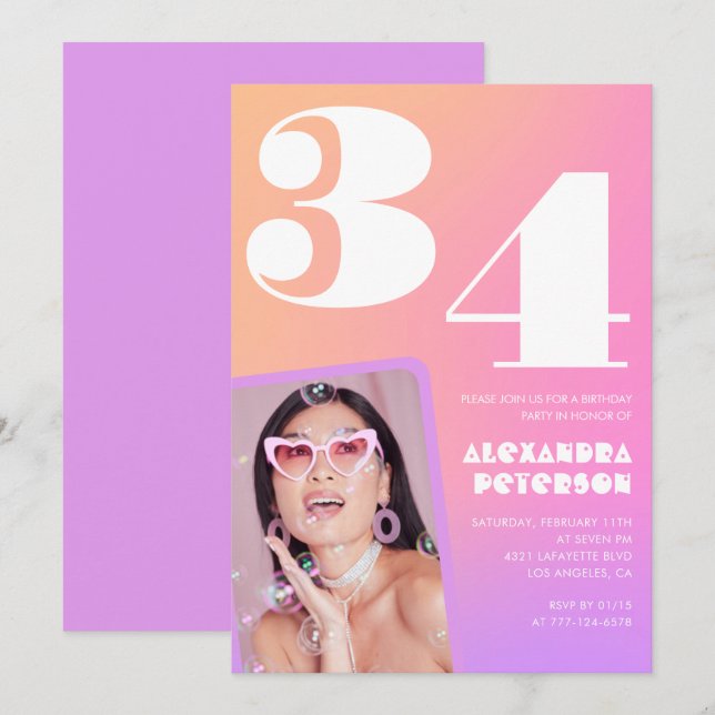 Invitación de cumpleaños número 34 con gradiente r (Anverso / Reverso)