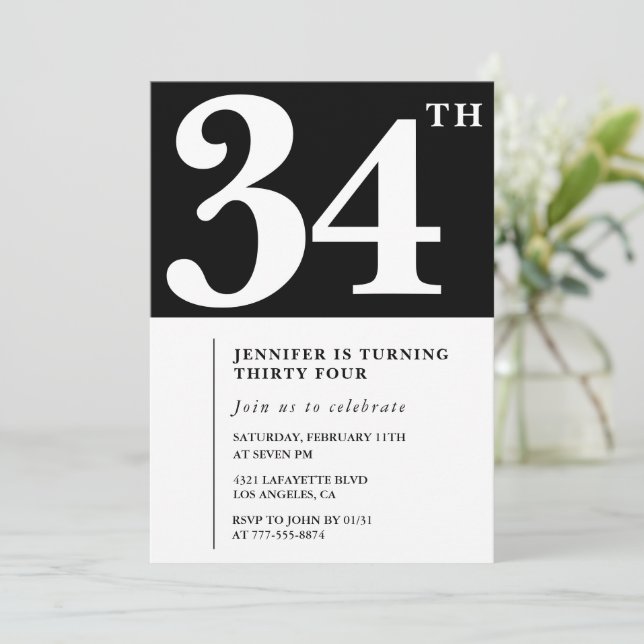 Invitación de cumpleaños número 34 elegante para n (Anverso de pie)