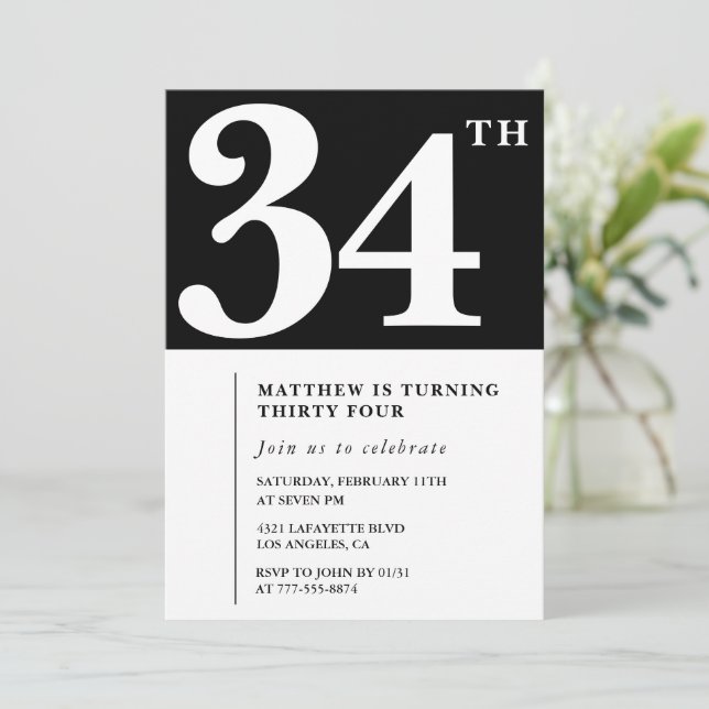Invitación de cumpleaños número 34 negra Elegante  (Anverso de pie)