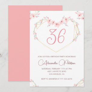 Invitación de cumpleaños número 36 con flores acua