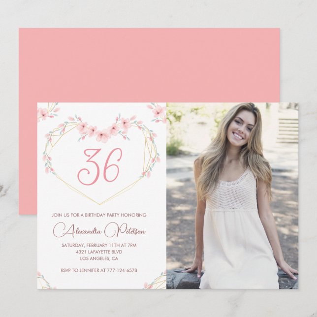 Invitación de cumpleaños número 36 con foto floral (Anverso / Reverso)