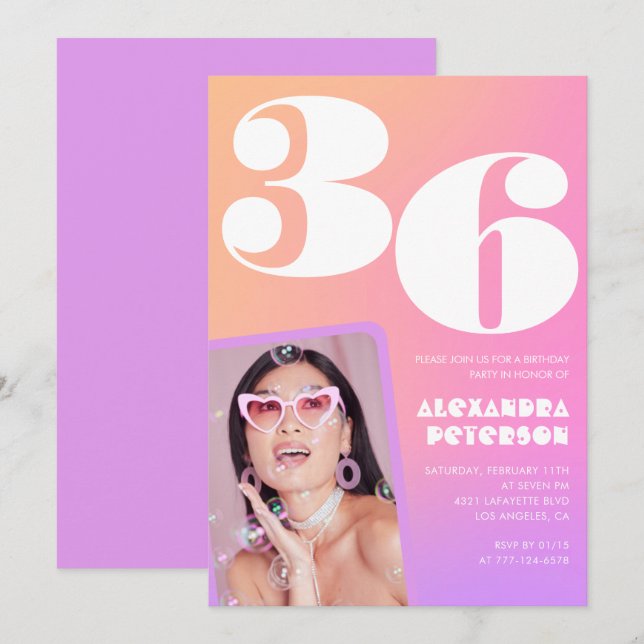 Invitación de cumpleaños número 36 con gradiente r (Anverso / Reverso)