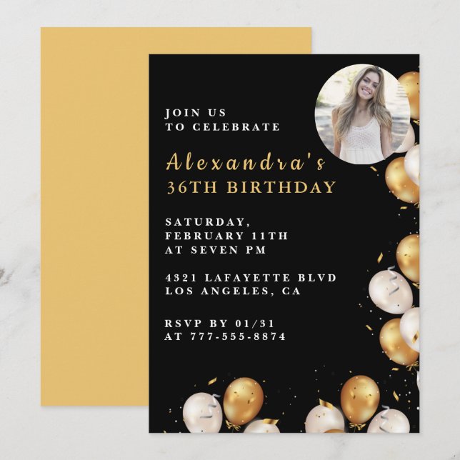 Invitación de cumpleaños número 36 negra Globo dor (Anverso / Reverso)