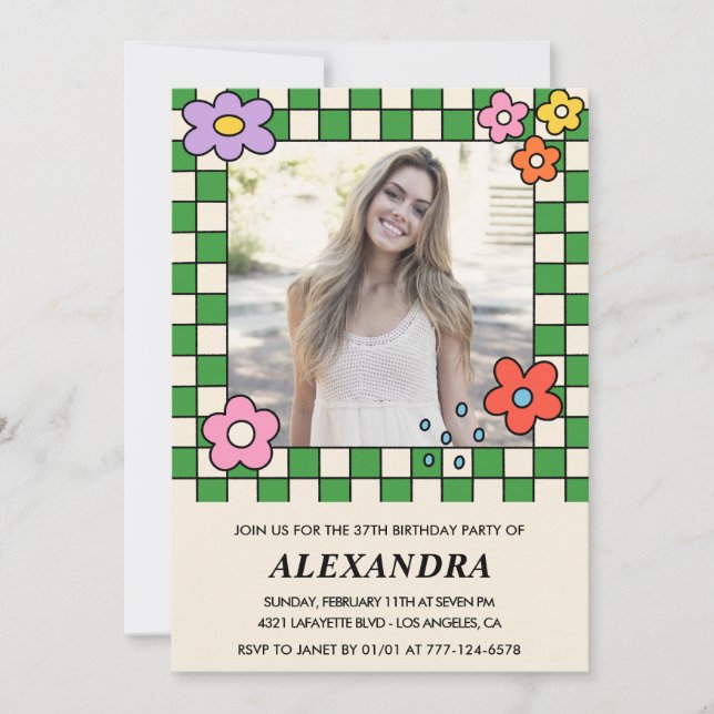 Invitación de cumpleaños número 37 con foto Floral (Anverso)