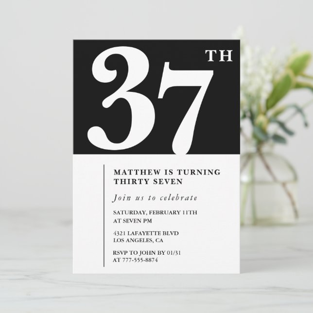 Invitación de cumpleaños número 37 negra Elegante  (Anverso de pie)