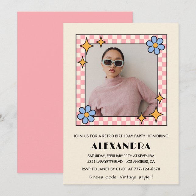 Invitación de cumpleaños número 39 con foto floral (Anverso / Reverso)