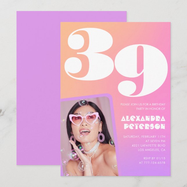 Invitación de cumpleaños número 39 con gradiente r (Anverso / Reverso)