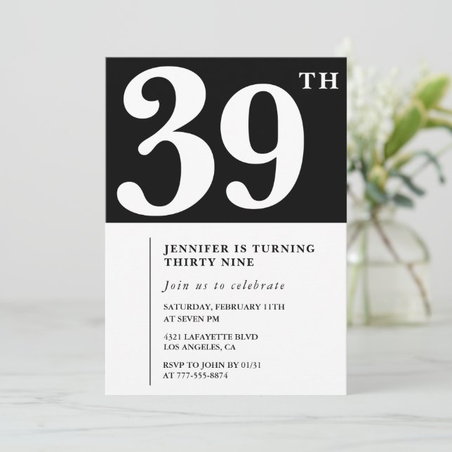 Invitación de cumpleaños número 39 elegante chica  (Anverso de pie)