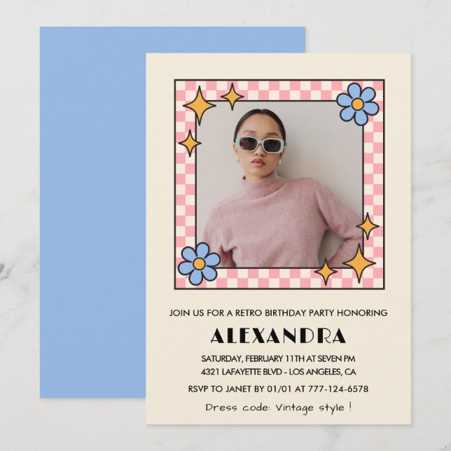 Invitación de cumpleaños número 39 floral retro fo (Anverso / Reverso)