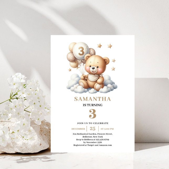Invitación de cumpleaños número 3 adorable Osito g (Cute 3rd Birthday Invite Teddy Bear Gold Balloons)