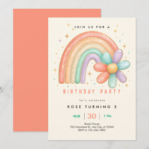 Invitación de cumpleaños número 3 Arcoíris Pastel 