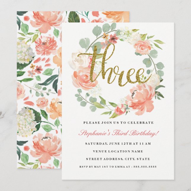 Invitación de cumpleaños número 3 con corona flora (Anverso / Reverso)