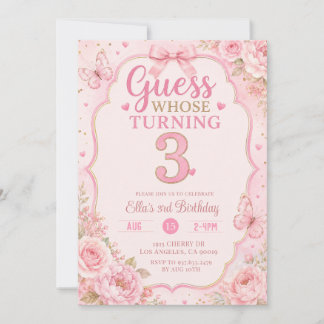 Invitación de cumpleaños número 3 con flores rosad