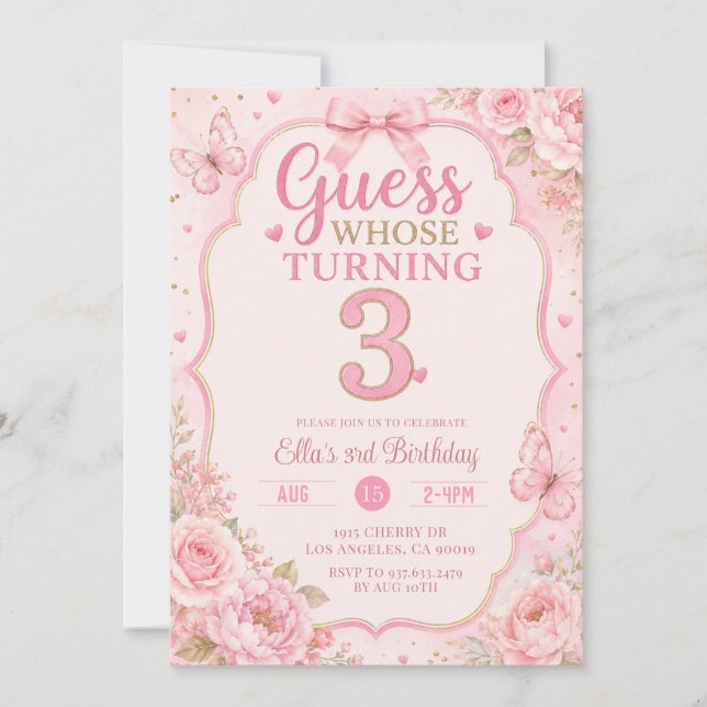 Invitación de cumpleaños número 3 con flores rosad (Anverso)
