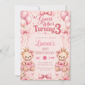 Invitación de cumpleaños número 3 con flores rosad