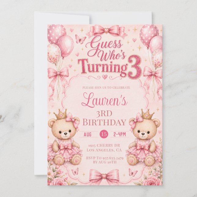 Invitación de cumpleaños número 3 con flores rosad (Anverso)