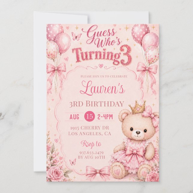 Invitación de cumpleaños número 3 con flores rosad (Anverso)