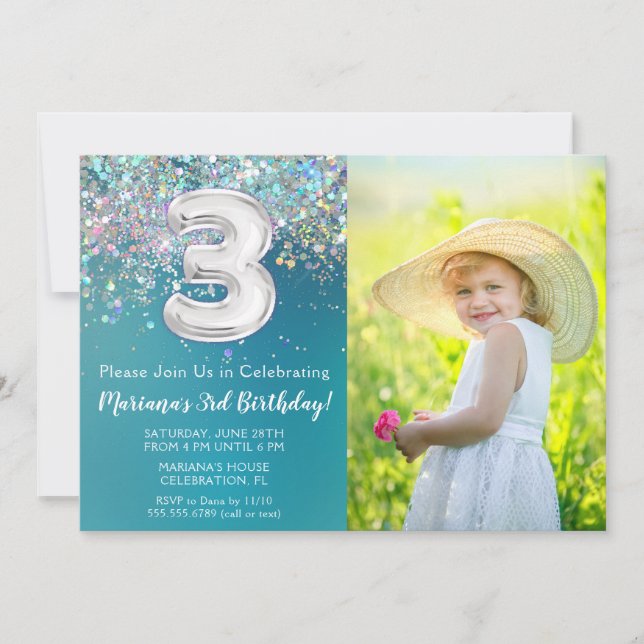 Invitación de cumpleaños número 3 con foto, brillo (Anverso)