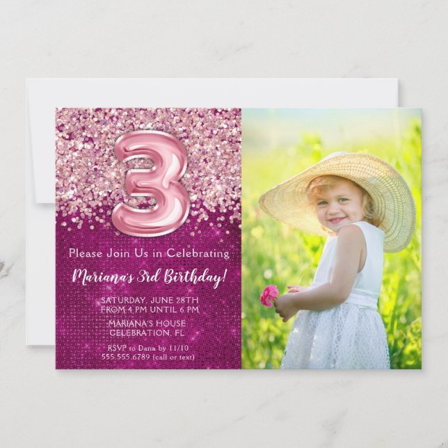 Invitación de cumpleaños número 3 con foto, brillo (Anverso)