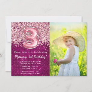 Invitación de cumpleaños número 3 con foto, brillo