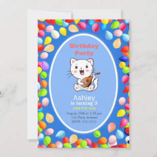 Invitación de cumpleaños número 3 con gato lindo y