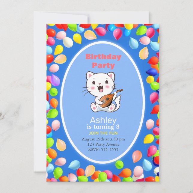 Invitación de cumpleaños número 3 con gato lindo y (Anverso)