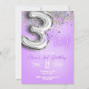 Invitación de cumpleaños número 3 con purpurina mo