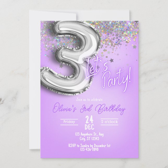 Invitación de cumpleaños número 3 con purpurina mo (Anverso)