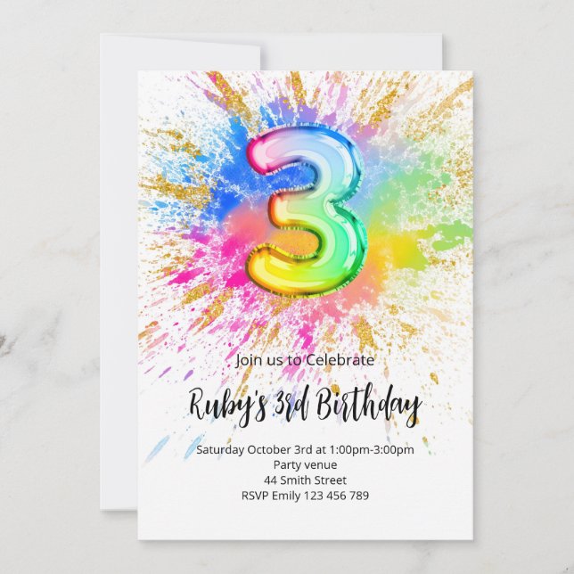 Invitación de Cumpleaños Número 3 con Salpicadura  (Anverso)