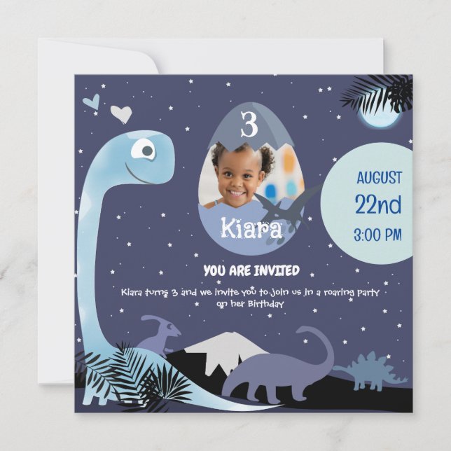 Invitación de cumpleaños número 3 con tema de dino (Anverso)
