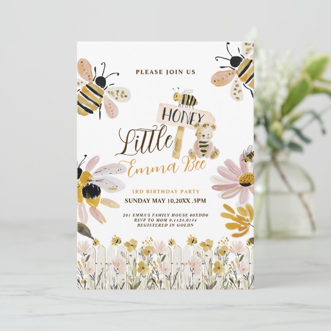 invitación de cumpleaños número 3 de adorable abej (Anverso de pie)