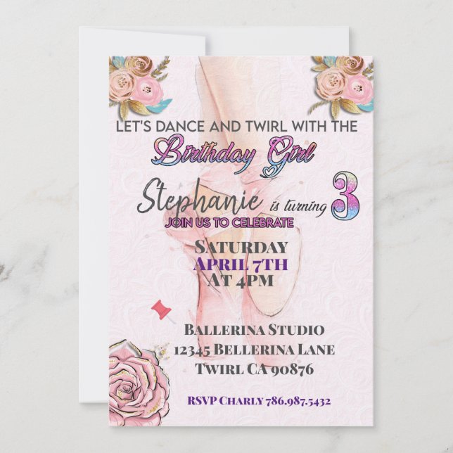 Invitación de cumpleaños número 3 de bailarina (Anverso)