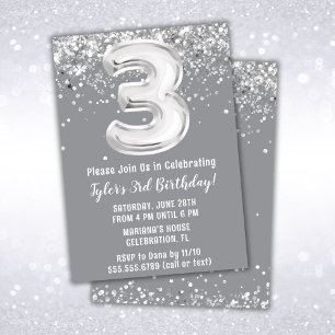 Invitación de cumpleaños número 3 de color gris pl