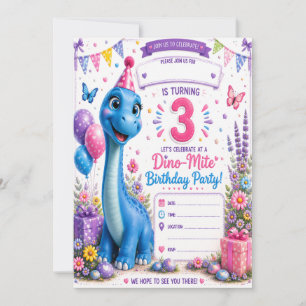 Invitación de cumpleaños número 3 de Dino-Mite de