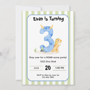 Invitación de cumpleaños número 3 de dinosaurio ed