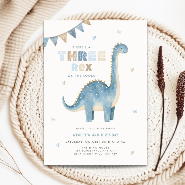 Invitación de cumpleaños número 3 de Dinosaurio Tr (Three Rex dino birthday invitation for boys)