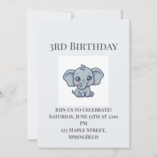 Invitación de cumpleaños número 3 de elefante bebé (Anverso)